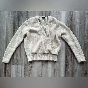 White + Warren Small Cream 100% Cashmere V Neck Faux Wrap Sweater